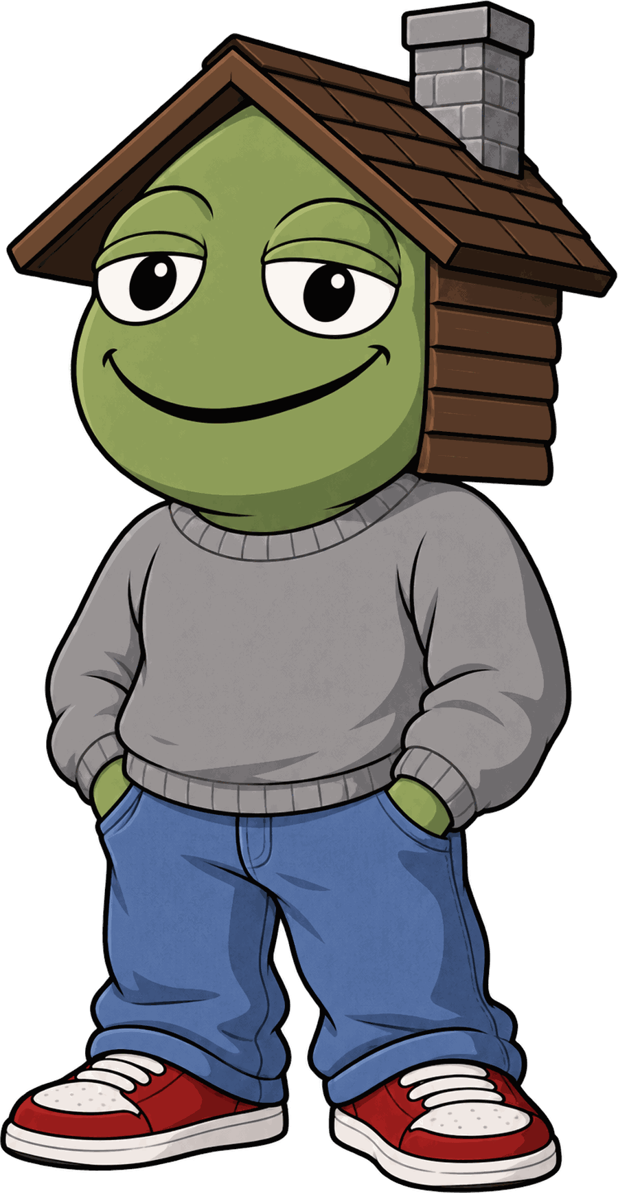 Toad House — a green toad with a log cabin on his head, hands in his pockets